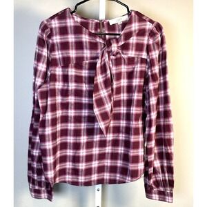 Loft Women's Plaid Shirt Medium Top Rodeo Country Cottage Preppy Purple Bow Farm